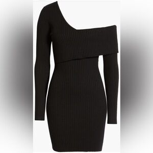 Bebe asymmetrical, off the shoulder black ribbed sweater dress ~ Large